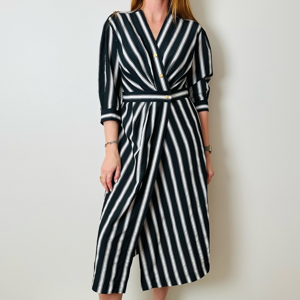 Sandro Carl Black and White Wrap Striped 3/4 Sleeve Midi Dress - Picture 4 of 15